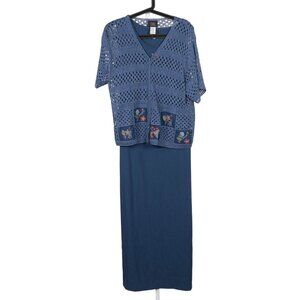 Teddi Sweater Dress Set 14 Womens Blue Floral Knit Sleeveless Long Modest